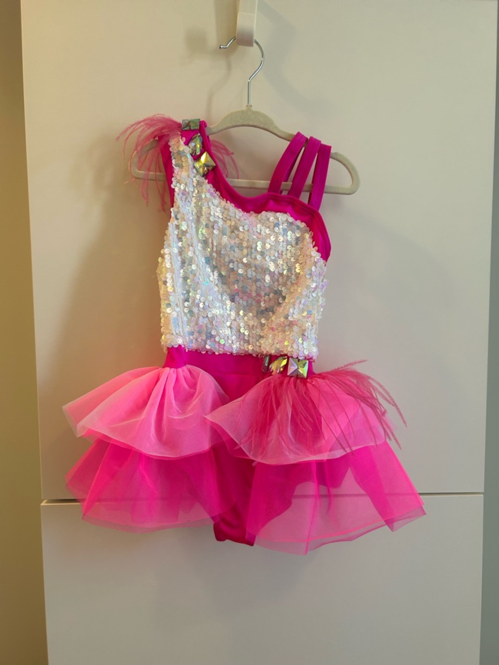 Weissman Hot Pink / White Sequin One-Shoulder Tutu Dance Costume - SC (6/6X) - Picture 2 of 12
